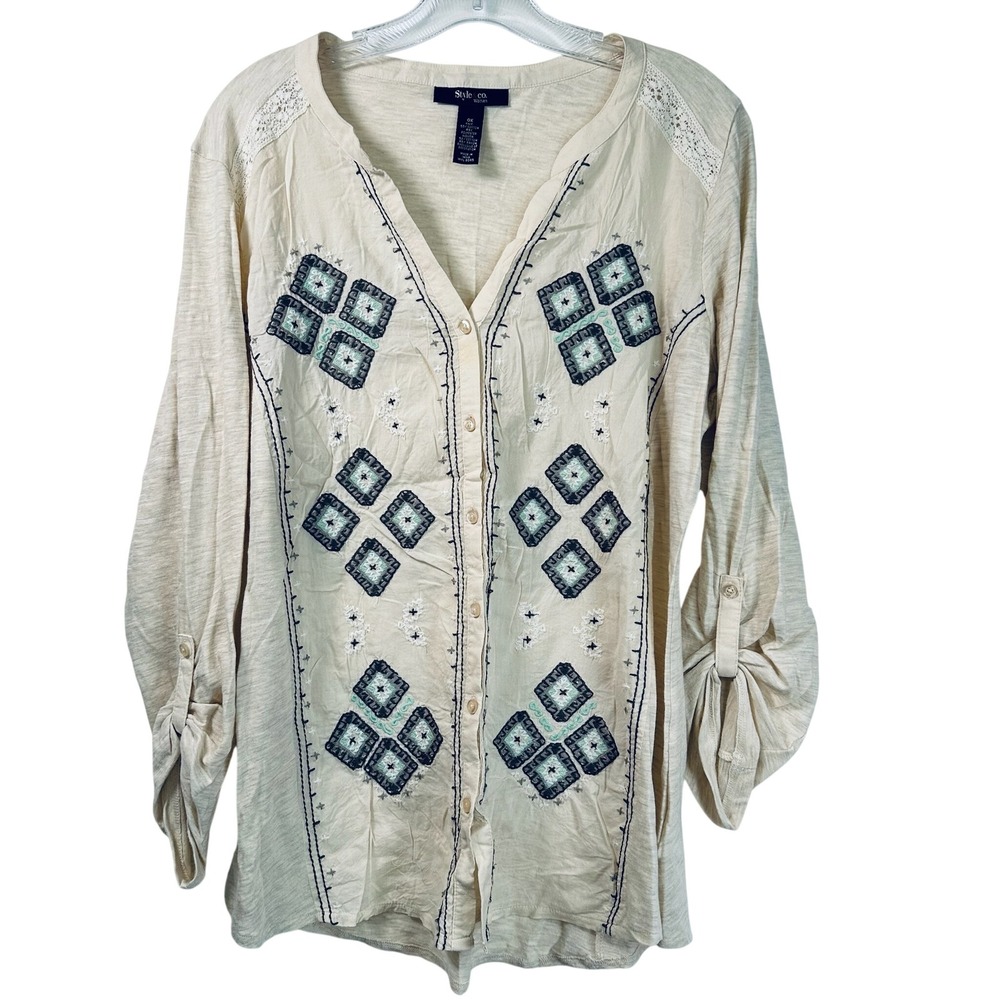 Style & Co Woman Beige Embroidered V-Neck Roll-Tab Sleeve Top Size 0X